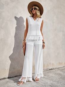 SHEIN VCAY unicolor bajo con fleco Top tank & Pantalones de pierna ancha - Blanco - Ver 1