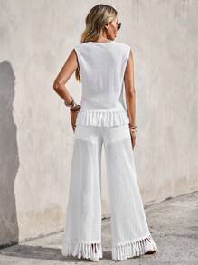 SHEIN VCAY unicolor bajo con fleco Top tank & Pantalones de pierna ancha - Blanco - Ver 2