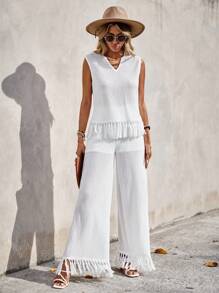 SHEIN VCAY unicolor bajo con fleco Top tank & Pantalones de pierna ancha - Blanco - Ver 3