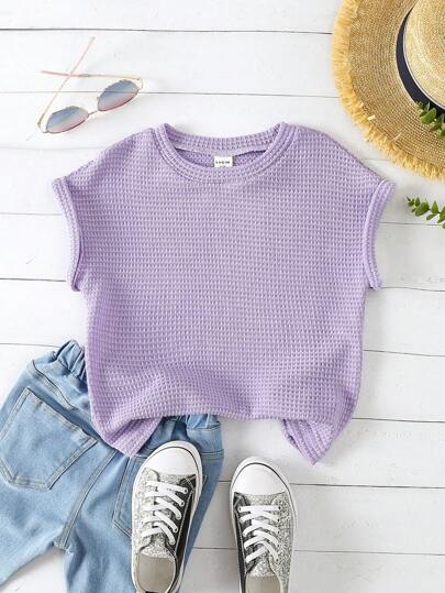 SHEIN Ung flicka Våffelstickad Batvinge Ärm T-Skjortor