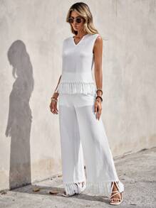 SHEIN VCAY unicolor bajo con fleco Top tank & Pantalones de pierna ancha - Blanco - Ver 5