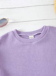 SHEIN Young Girl Waffle Knit Batwing Sleeve Tee - Purple - View 3