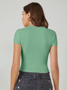 SHEIN BASICS Áo thun nữ màu trơn Giải trí - Màu xanh Bạc hà - Xem 2