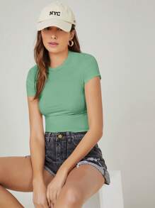 SHEIN BASICS Áo thun nữ màu trơn Giải trí - Màu xanh Bạc hà - Xem 4