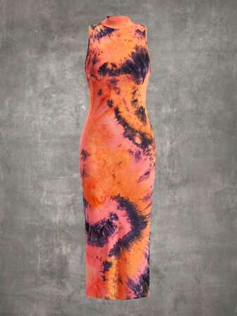 Figurbetontes Kleid mit Stehkragen und Batikmuster