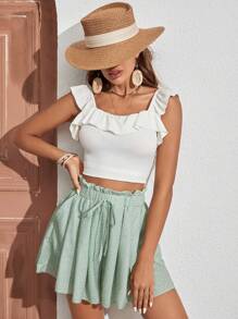 SHEIN Frenchy 波卡圓點紙袋腰前打結闊腿短褲 - 薄荷綠 - 查看 2