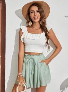 SHEIN Frenchy 波卡圓點紙袋腰前打結闊腿短褲 - 薄荷綠 - 查看 5