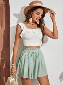 SHEIN Frenchy 波卡圓點紙袋腰前打結闊腿短褲 - 薄荷綠 - 查看 6