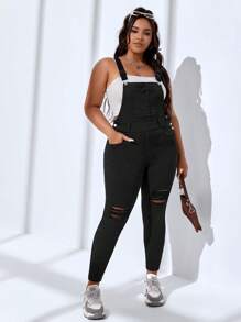 SHEIN EZwear Plus Ripped Denim Dungarees Without Tube Top - Black - View 4