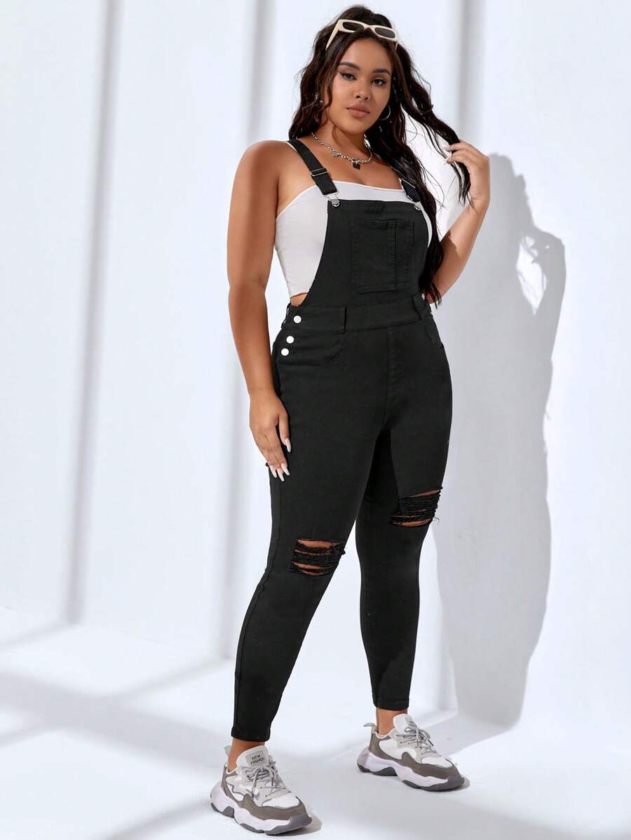 SHEIN EZwear Plus Ripped Denim Dungarees Without Tube Top - Black - View 1