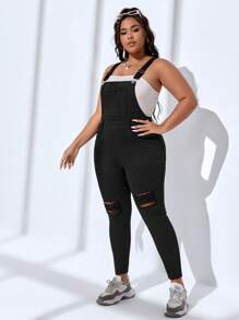 SHEIN EZwear Plus Ripped Denim Dungarees Without Tube Top - Black - View 3