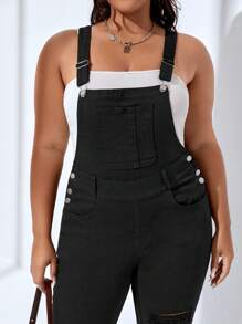 SHEIN EZwear Plus Ripped Denim Dungarees Without Tube Top - Black - View 5