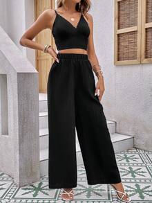 SHEIN VCAY unicolor Top de tirantes crop & Pantalones de pierna ancha - Negro - Ver 3
