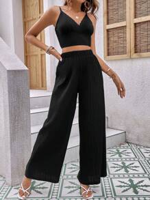 SHEIN VCAY unicolor Top de tirantes crop & Pantalones de pierna ancha - Negro - Ver 1