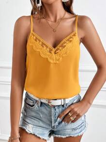 SHEIN Frenchy Contrast Mesh Embroidery Cami Top - Yellow - View 4