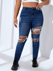 SHEIN SXY 大碼高腰破洞緊身牛仔褲 - 深色水洗藍 - 查看 1