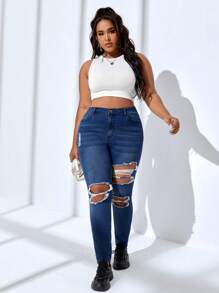 SHEIN SXY 大碼高腰破洞緊身牛仔褲 - 深色水洗藍 - 查看 3