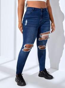 SHEIN SXY 大碼高腰破洞緊身牛仔褲 - 深色水洗藍 - 查看 4