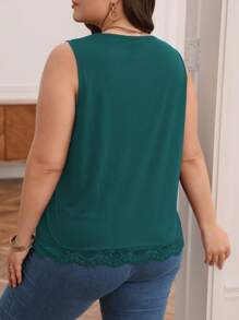 SHEIN Frenchy Áo hai dây Plus Size Tương phản ren màu trơn Giải trí - Màu xanh lá cây đậm - Xem 3