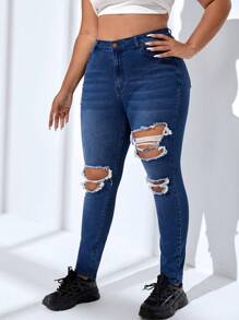 SHEIN SXY 大碼高腰破洞緊身牛仔褲 - 深色水洗藍 - 查看 6