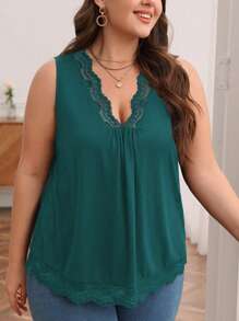 SHEIN Frenchy Áo hai dây Plus Size Tương phản ren màu trơn Giải trí - Màu xanh lá cây đậm - Xem 5