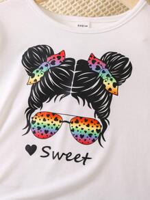 SHEIN 小女童人像圖案T恤和漸層短褲套裝 - 白色 - 查看 5