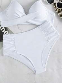 SHEIN Ruched High Waisted Bikini Bottom - White - View 3
