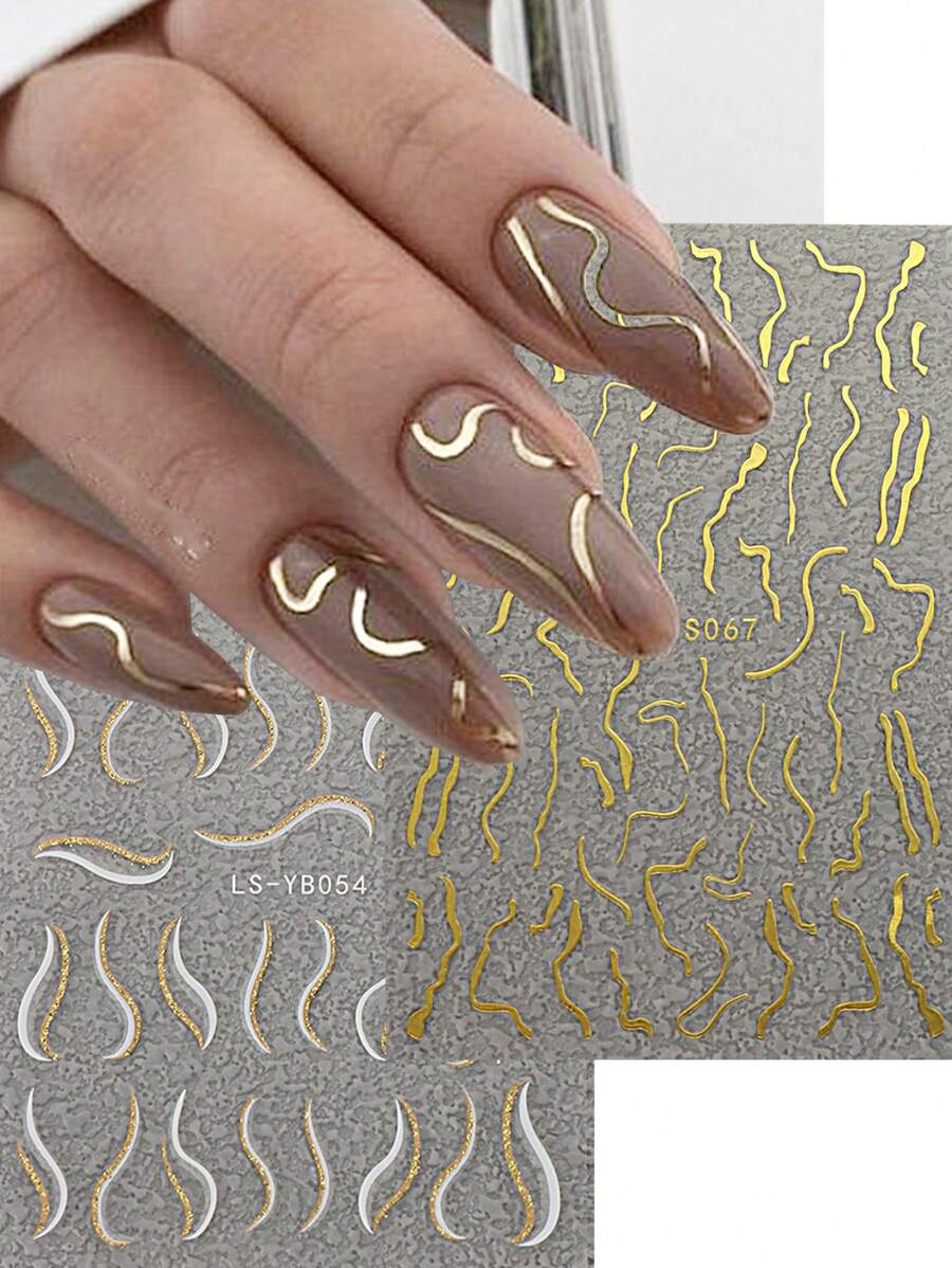FULL BEAUTY 2pcs Asymmetric Gold Line Foil Nail Art Stickers - Multicolor - View 1