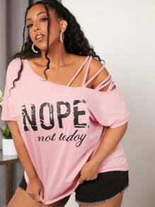 SHEIN CURVE+ 大碼標語圖案不對稱領T恤 - 淺粉色 - 查看 1