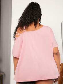 SHEIN CURVE+ 大碼標語圖案不對稱領T恤 - 淺粉色 - 查看 2