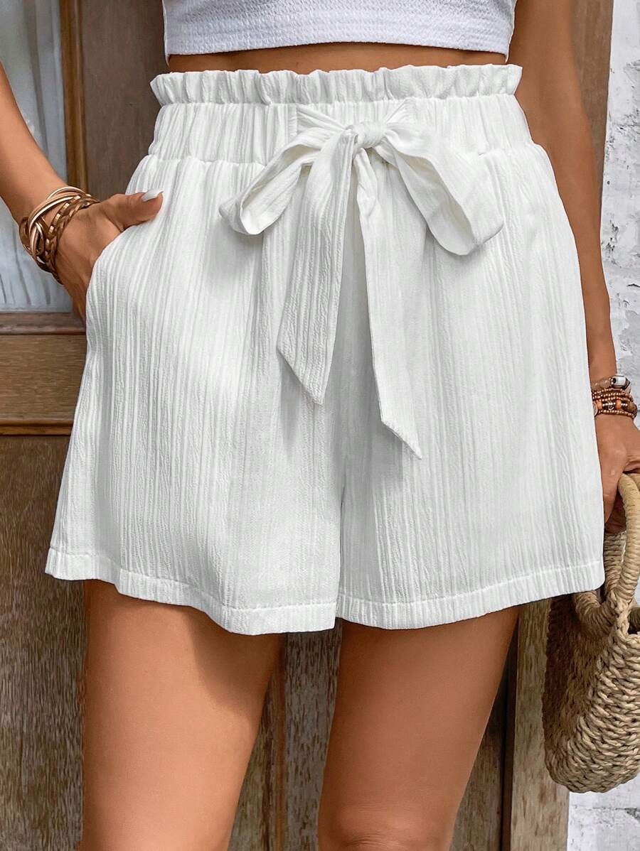 SHEIN Frenchy 紙袋腰前打結闊腿短褲 - 白色 - 查看 1