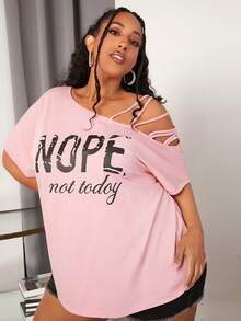 SHEIN CURVE+ 大碼標語圖案不對稱領T恤 - 淺粉色 - 查看 5