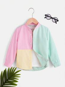 SHEIN Toddler Boys' Pastel Striped Colour Block Long Sleeve Casual Shirt With Stand Collar - Multicolor - View 1