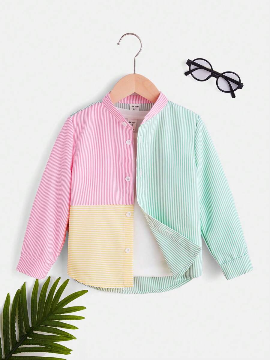 SHEIN Toddler Boys' Pastel Striped Colour Block Long Sleeve Casual Shirt With Stand Collar - Multicolor - View 1