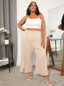 SHEIN CURVE+ Quần Plus Size Túi Chia Dây kéo màu trơn Giải trí - Màu be - Xem 4