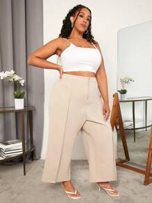 SHEIN CURVE+ Quần Plus Size Túi Chia Dây kéo màu trơn Giải trí - Màu be - Xem 6