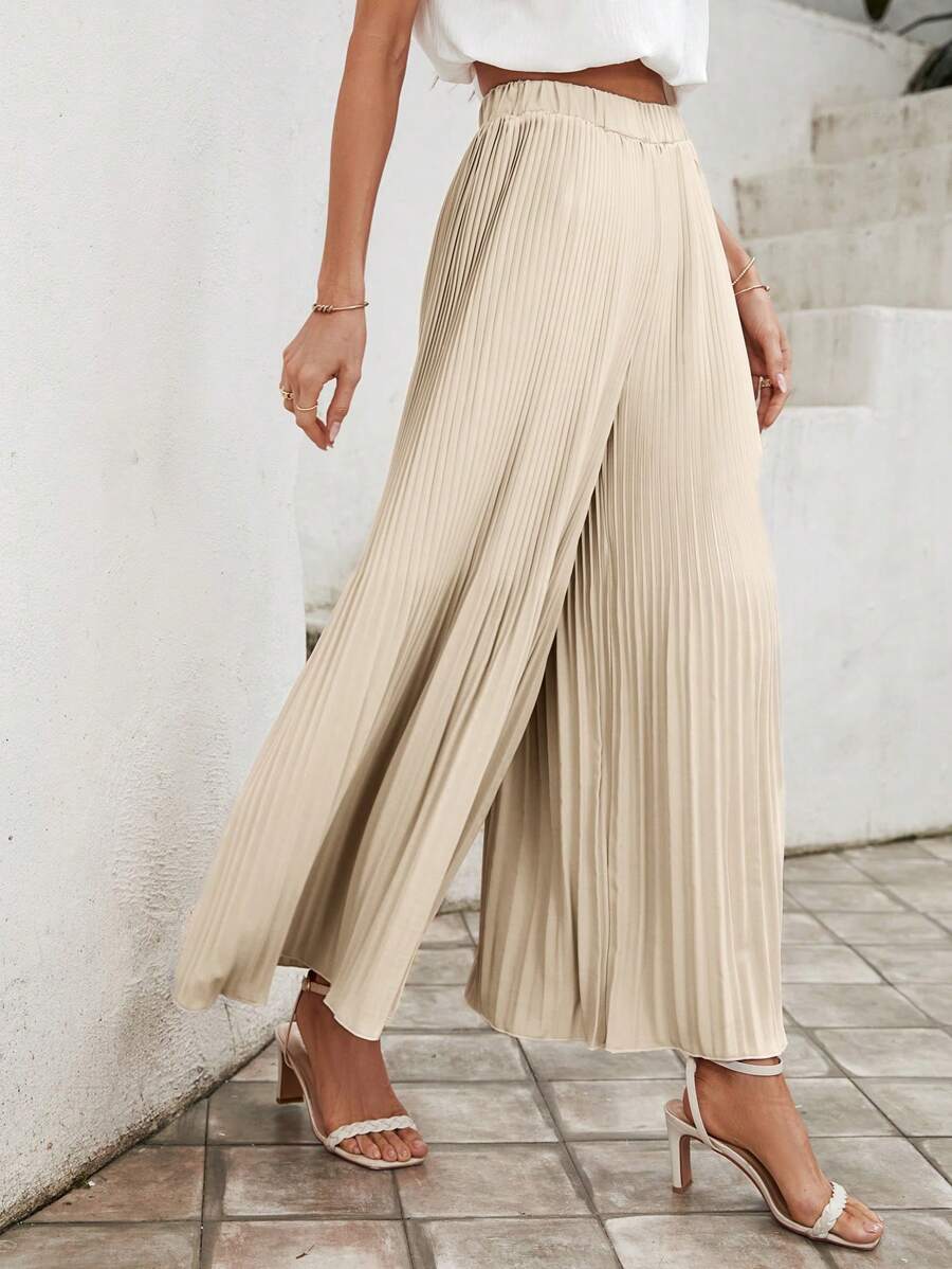 SHEIN Frenchy Solid Pleated Wide Leg Trousers - Apricot - View 1