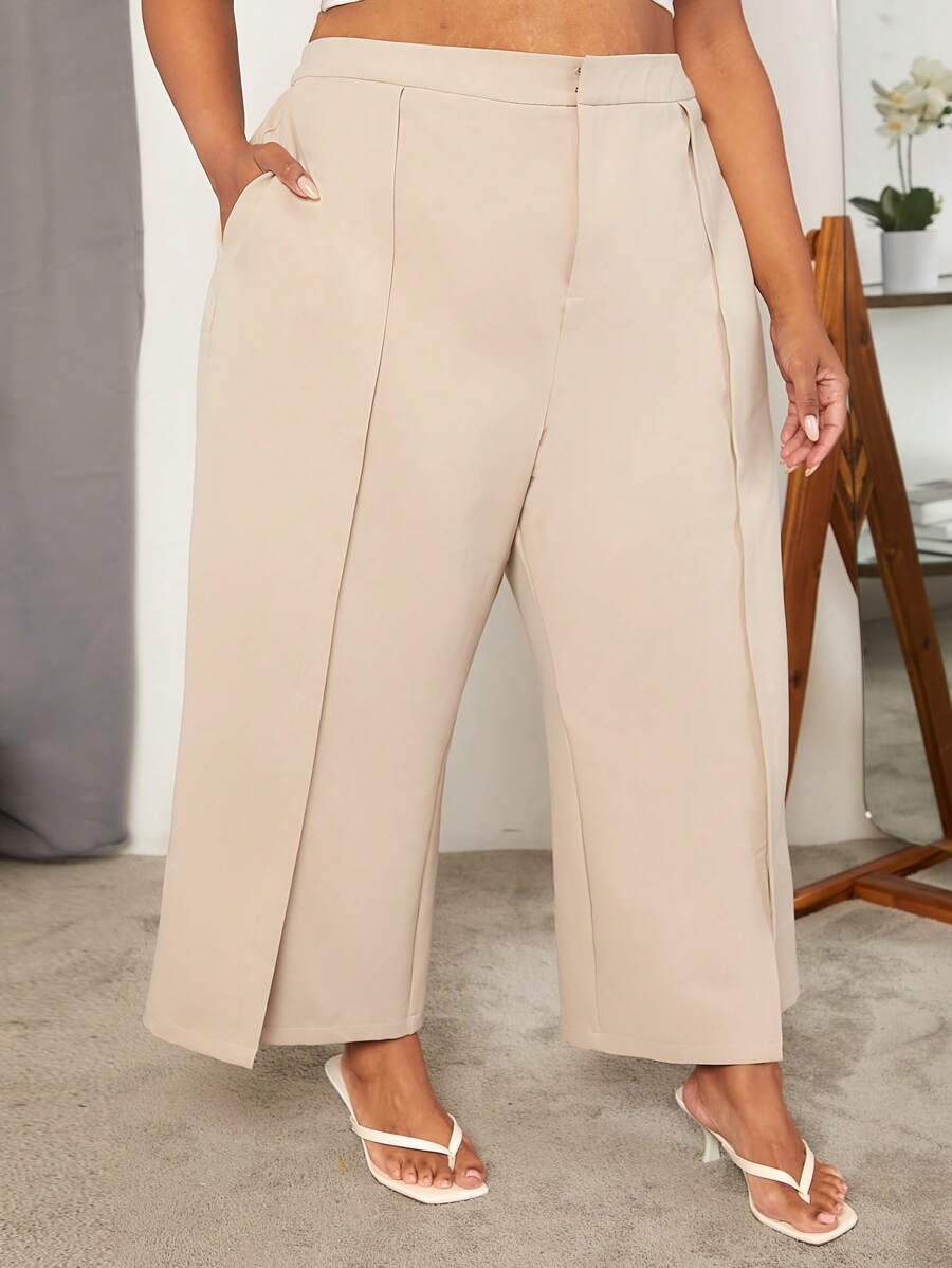 SHEIN CURVE+ Quần Plus Size Túi Chia Dây kéo màu trơn Giải trí - Màu be - Xem 1
