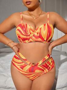 SHEIN Swim Curve Plus Size Allover Print Push Up Bikini Set Summer Beach - Multicolor - View 3