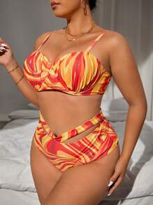 SHEIN Swim Curve Plus Size Allover Print Push Up Bikini Set Summer Beach - Multicolor - View 4