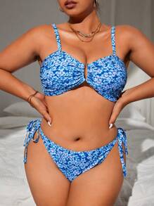 SHEIN Swim Curve Plus Size Ditsy Floral Print Tie Side Bikini Set Summer Beach - Blue - View 3