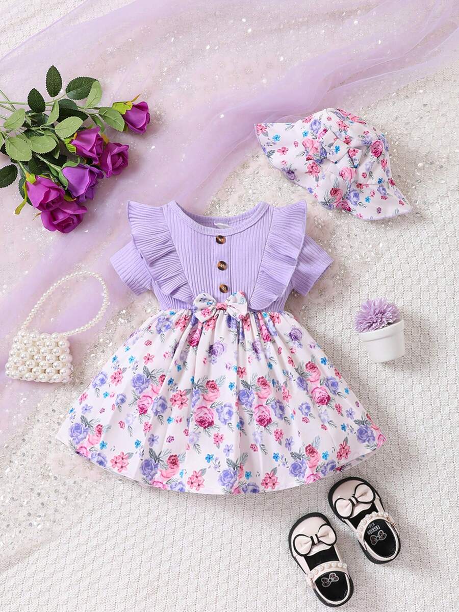 Đầm em bé Nơ Bướm Xù Gân đan Hoa - Nhiều màu - Xem 1