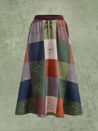 Sun & Moon Print Patchwork Tie Waist Skirt