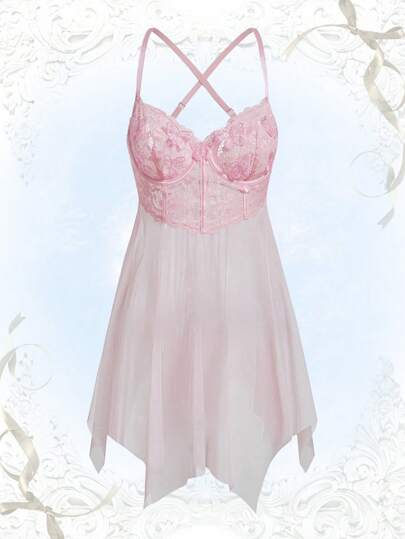 فستان بيبيدول دانتيل متباين اللون حافة غير متماثل شبكة