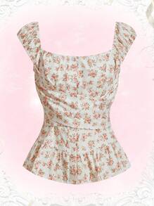 ROMWE Kawaii 碎花後綁帶荷葉邊襯衫 - 杏色 - 查看 1