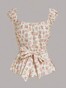 ROMWE Kawaii 碎花後綁帶荷葉邊襯衫 - 杏色 - 查看 2