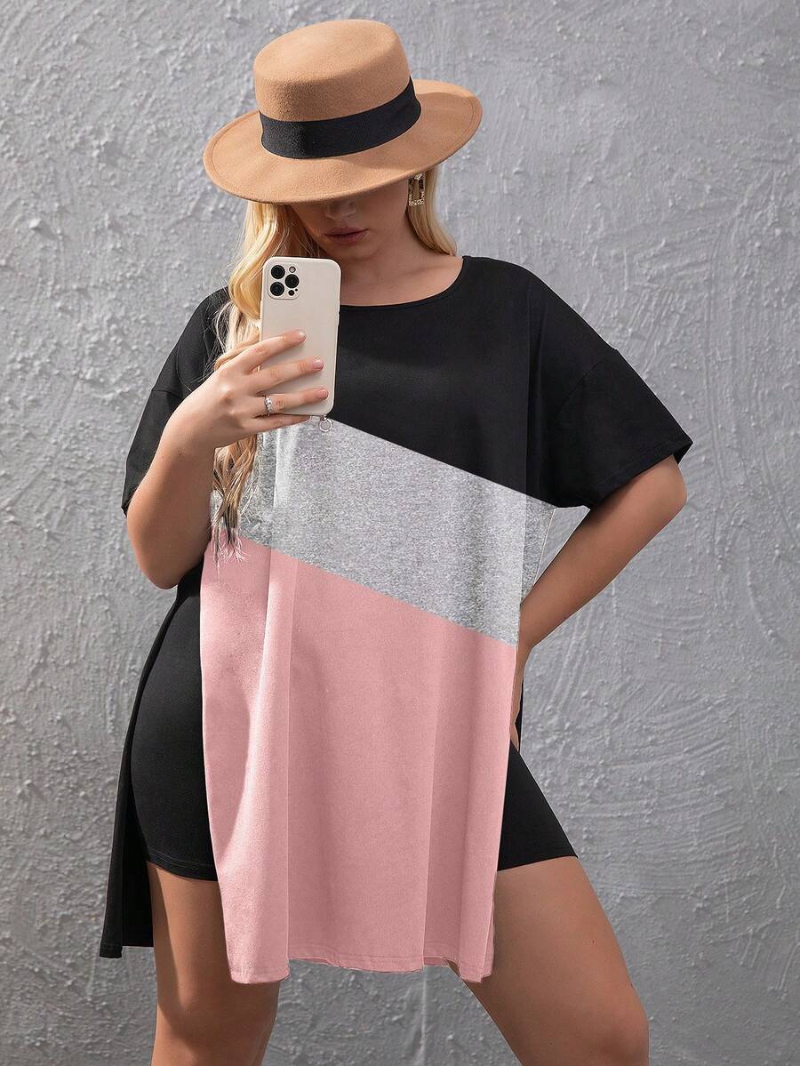 SHEIN Unity Plus Colourblock Split Hem Tee & Cycling Shorts - Black - View 1