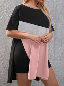 SHEIN Unity Plus Colourblock Split Hem Tee & Cycling Shorts - Black - View 4