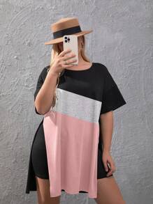 SHEIN Unity Plus Colourblock Split Hem Tee & Cycling Shorts - Black - View 6