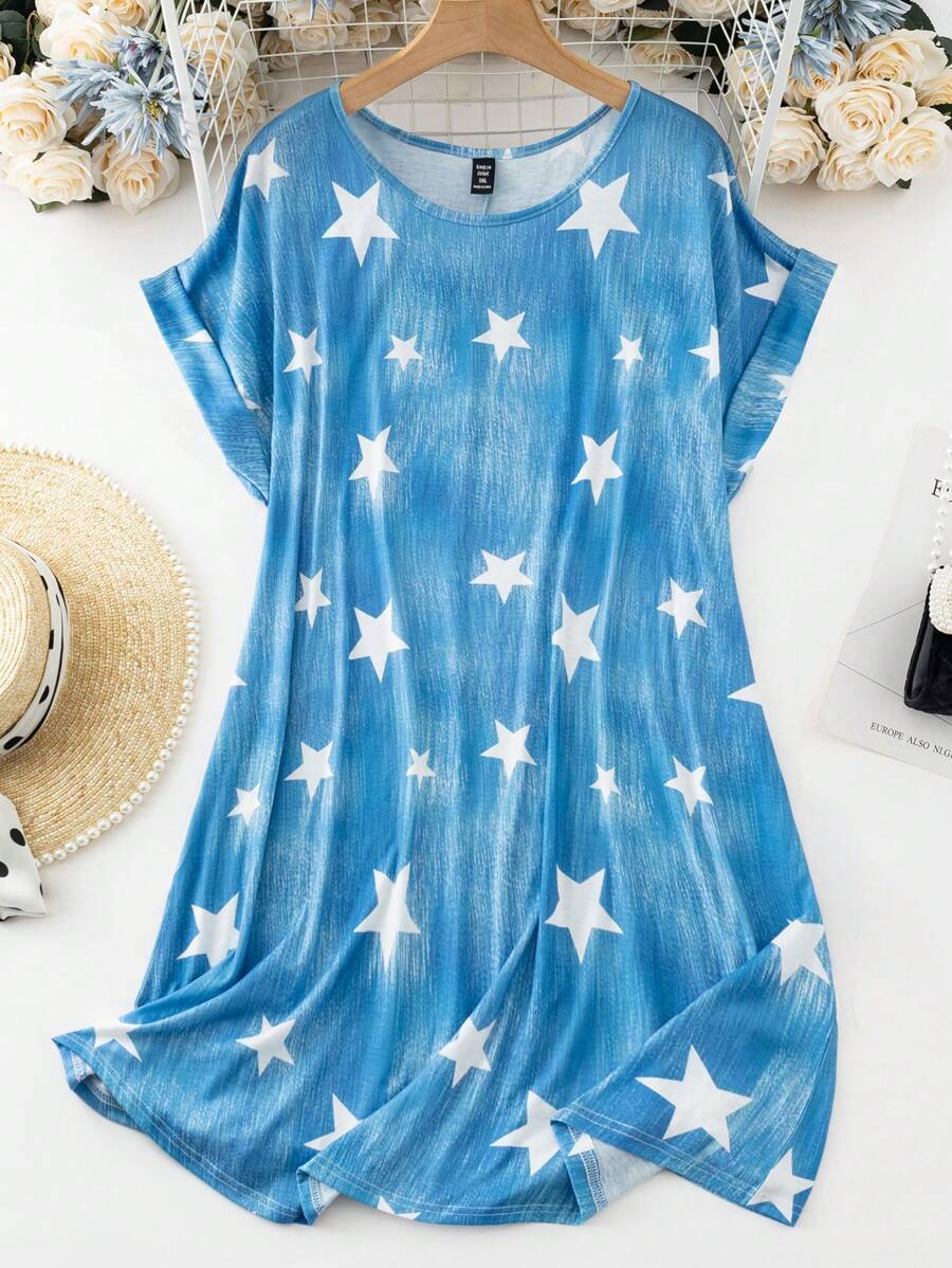 SHEIN LUNE Đầm Plus Size Hình học Tất cả trên in Giải trí - Màu xanh lam - Xem 1